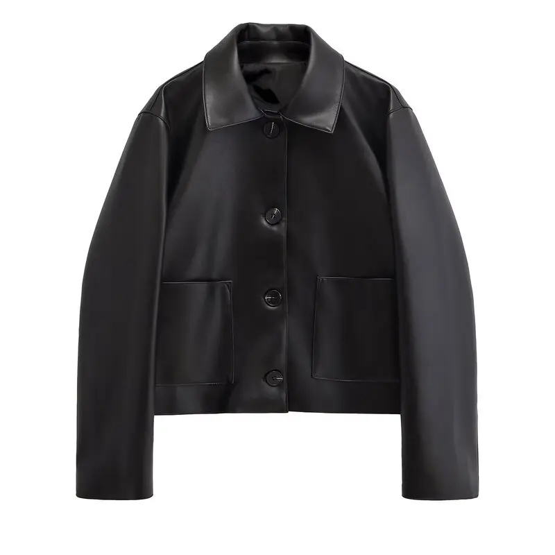 Ele Bla Leather Biker Jaet ort Coat for Women Flip Collar Autumn New Sle Faionable Straight Cut Long Sve Coat