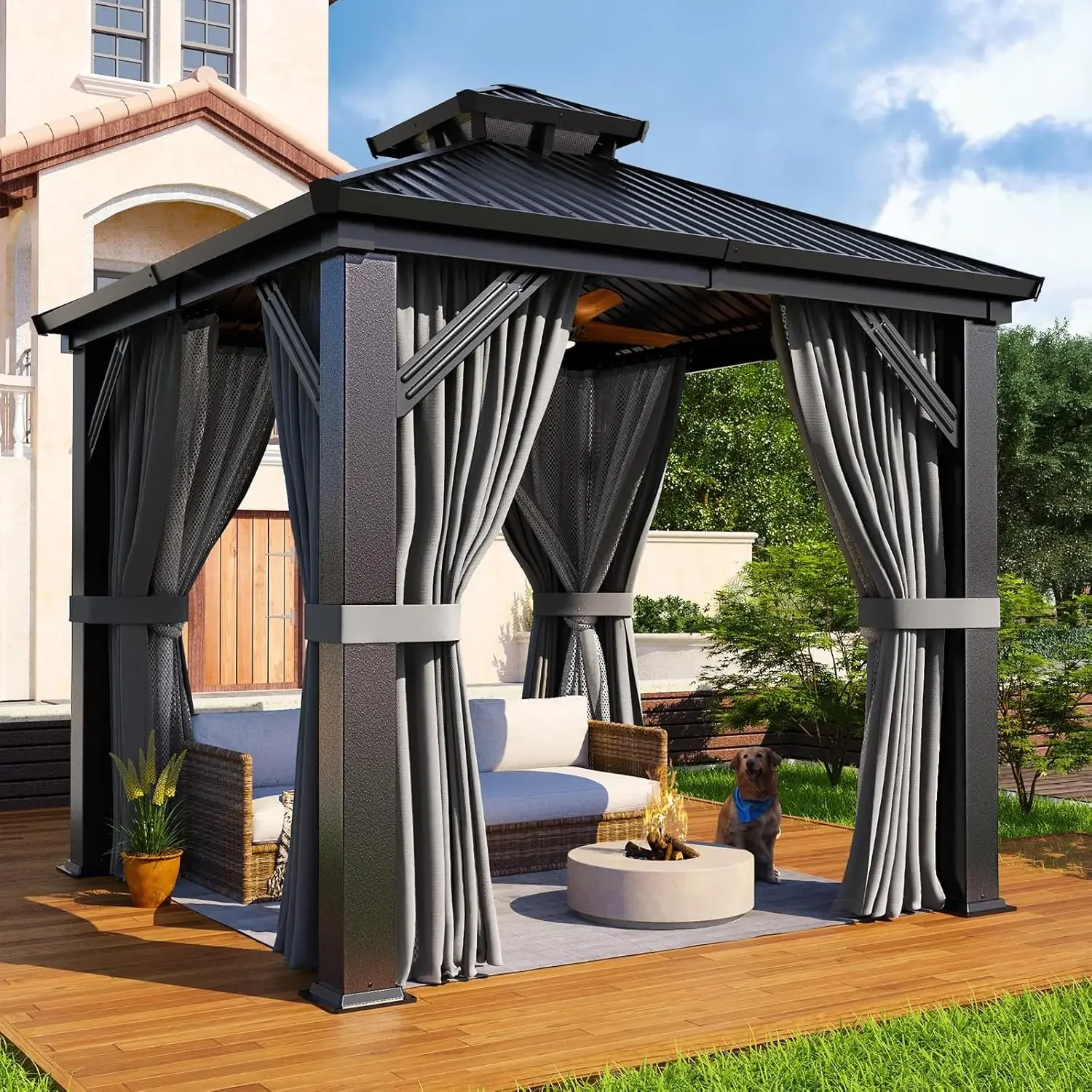 

8’ x 8’ Hardtop Gazebo, Heavy Duty Aluminum Frame Outdoor Gazebo with Double Galvanized Steel Roof, Curtains, Customized