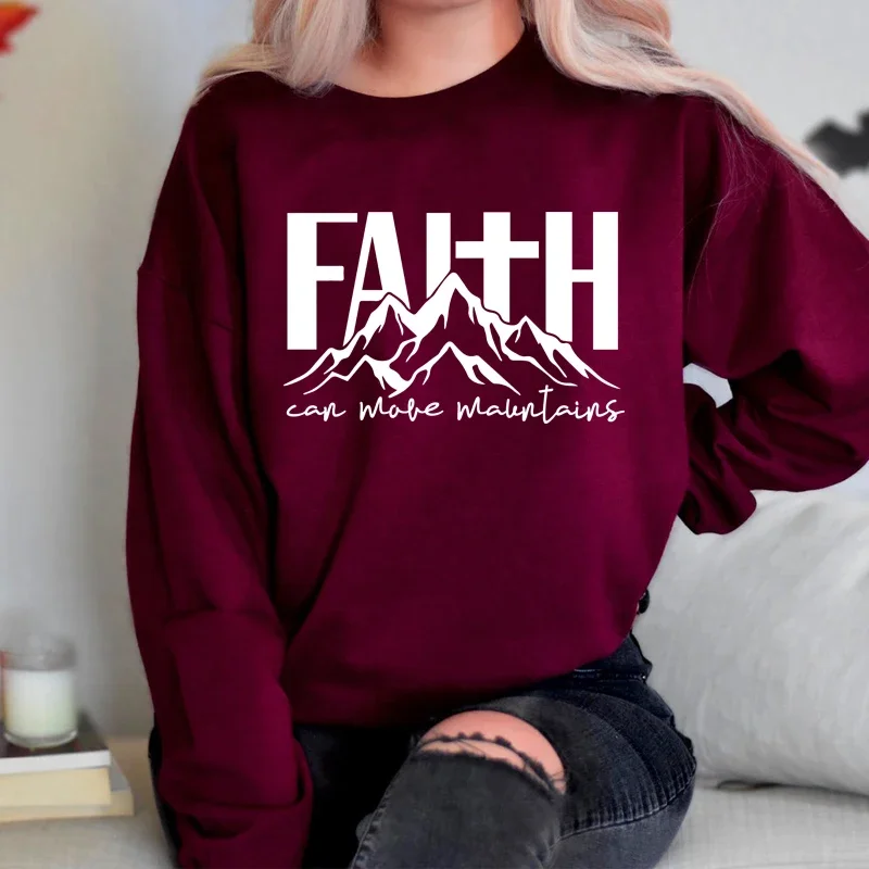 Faith Can Move Mountains Religious Women Sweatshirt O Neck Inspirational Graphic Hoodies Christian Clothes Streetwear Outfits