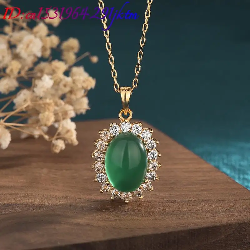 Green Natural Jade Pendant Necklace Carved Gemstone 18K Gold Plated Real Jewelry Vintage Amulet Stone Designer Charm view 2