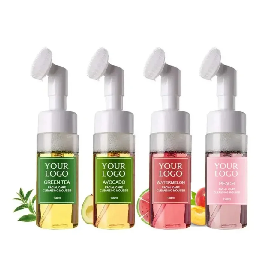 Mousse de limpieza de aguacate, sandía, té verde, 4 colores personalizados, sabor a fruta, maquillaje para el cuidado facial hidratante de larga duración