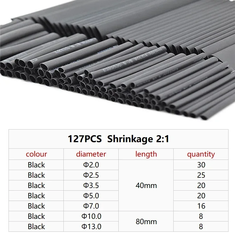 127-teiliges Schrumpfschlauch-Set, thermobeständiger Schlauch, Schrumpfverpackung, Draht, Kabel, Polyolefin-Wickelschlauch, Verhältnis 2:1