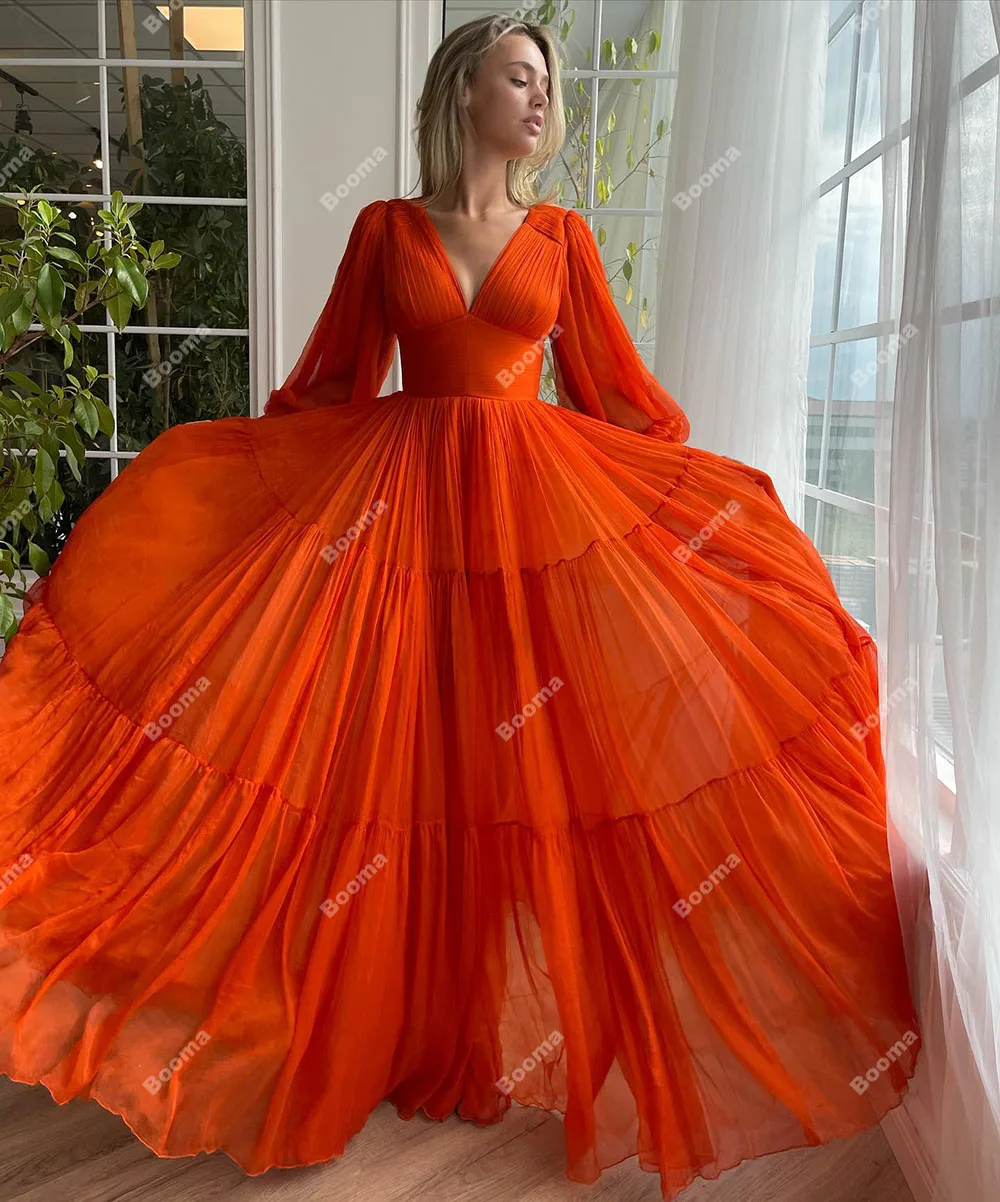 Booma Orange Chiffon A-Line Long Prom Dresses Deep V Neck Long Sleeves Evening Party Gowns for Women Elegant Formal Dresses