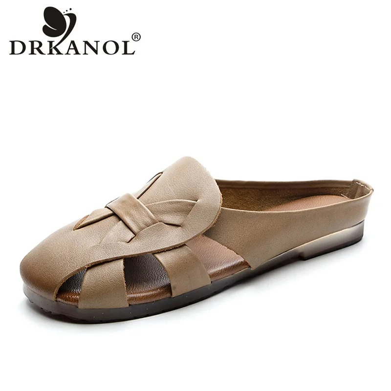 

DRKANOL Handmade Retro Summer Slippers Women Genuine Cow Leather Soft Cow-Muscle Sole Flat Casual Slippers Ladies Outside Slides