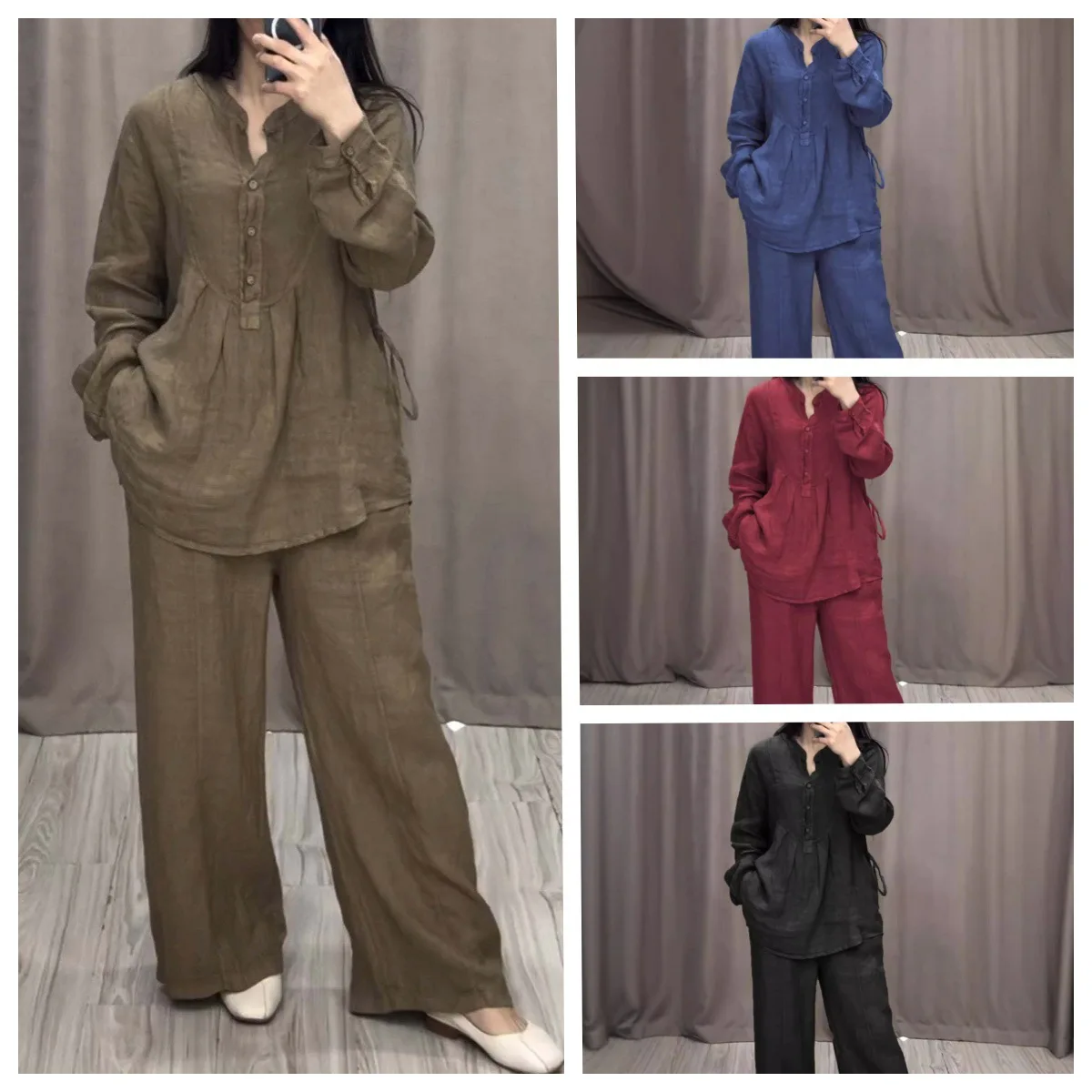 Simple Solid Color Pants Sets Women Long Sleeve Folds Buttons Half Placket T Shirt Wide Legs Trousers Two Piece Set Female New