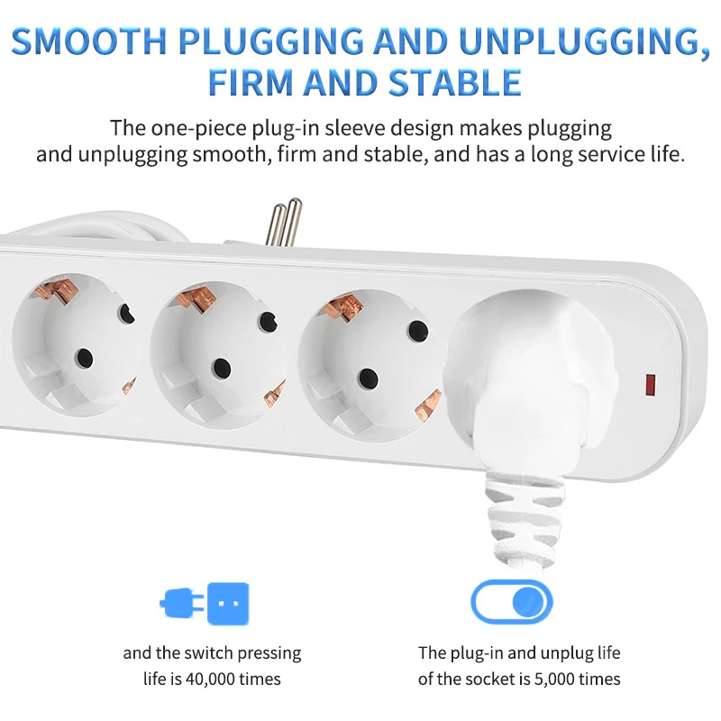 Power Strip  EU Plug 3/4/5 Way Outlets Electrical Extension  2m Cord 16A Sockets Independent Control Switches for Home Office