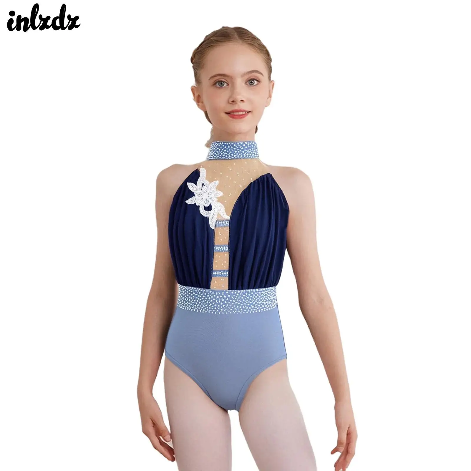 Kids Girls Gymnastics Figure Skating Costume Ballet Jersey Dance Leotard Sheer Mesh Applique Rhinestones Bodysuit Dancewear
