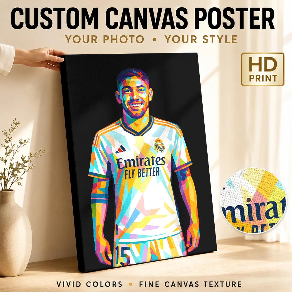 Federico Valverde Portrait Framed Canvas Poster Personalized Photo Geometric Color Blocking Wall Art For Football Fan Lounge