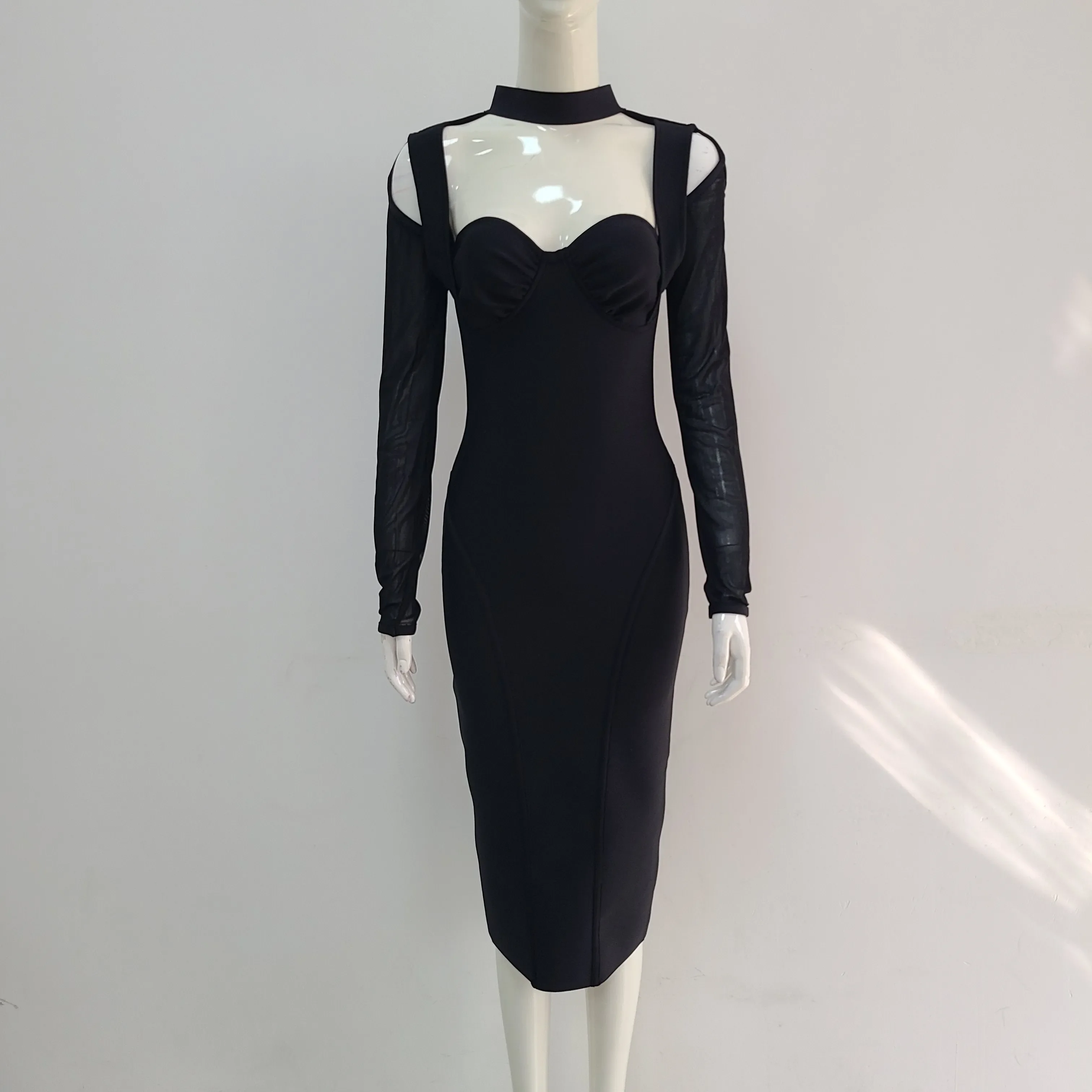 White Color Women Fashion Sexy Mesh Long Sleeve Mid-calf Bodycon Dress Rayon Bandage New Desinger Evening Party Dress