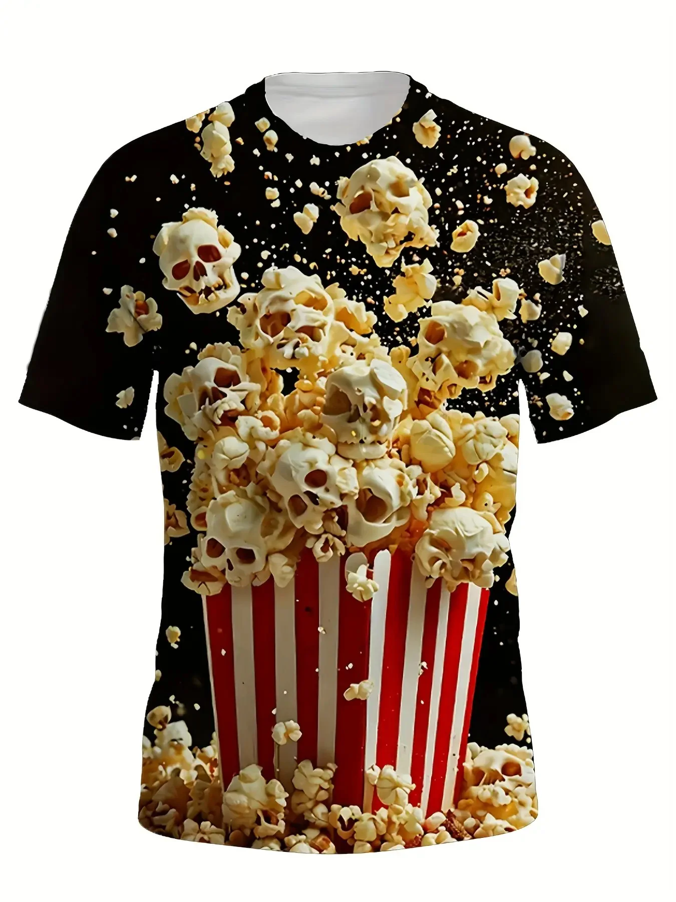 Men's Crew Neck Short Sleeve T Shirt 3D Skull Popcorn Red White Striped Bucket Print Horror Movie Casual Tops