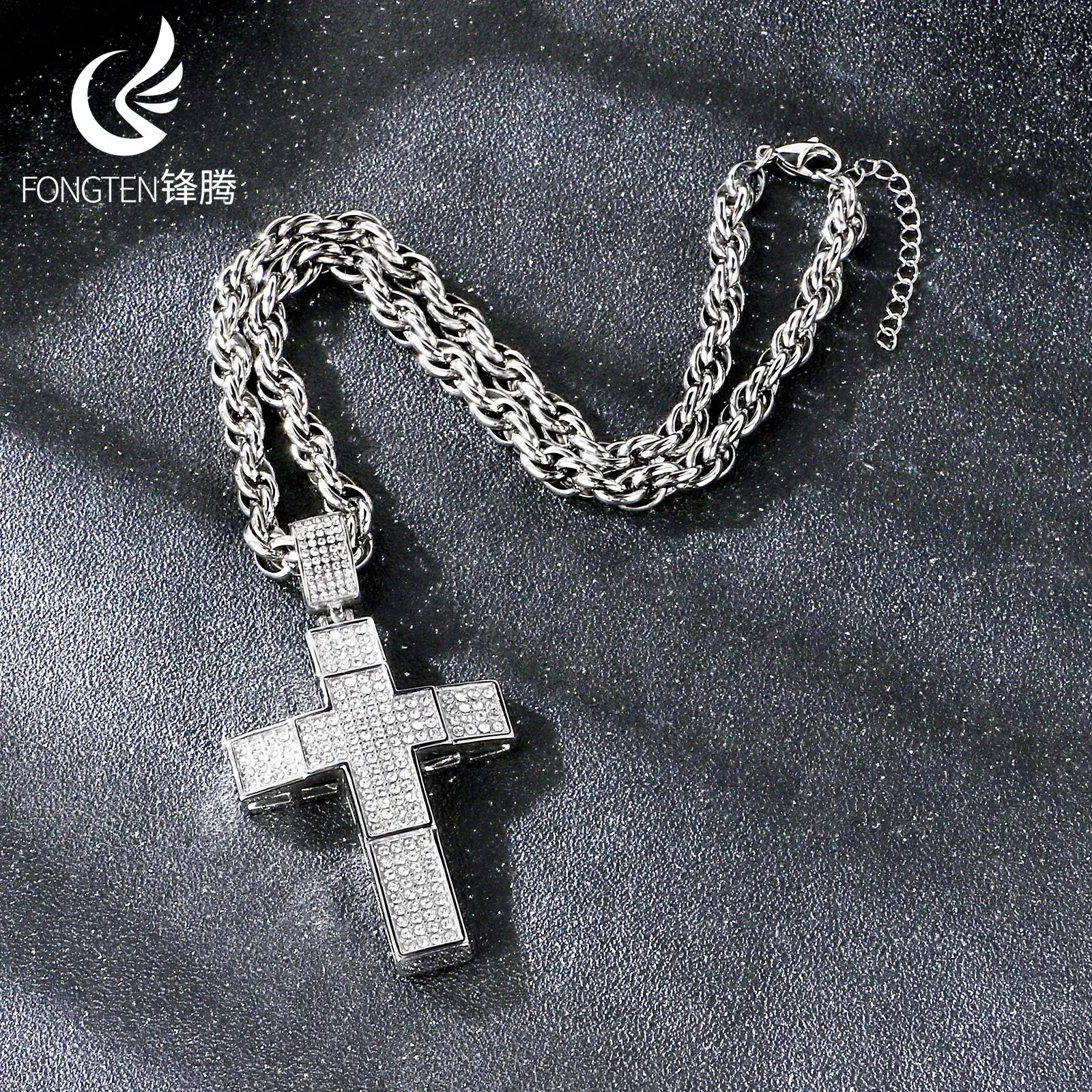 Fongten Hip-Hop Rhinestone Cross Stainless Steel Necklace For Men Rap Singer Pendant Fashion Jewelry Birthday Party Gifts