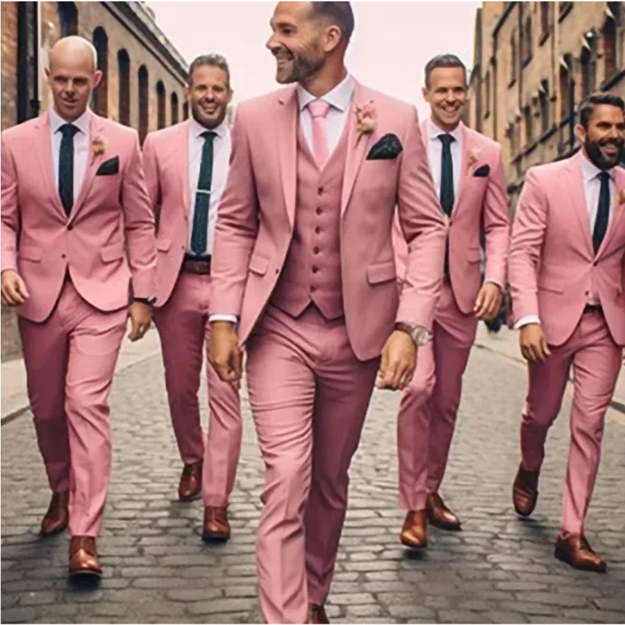 

Розовые мужские костюмы для свадьбы, жениха, выпускного вечера, 3-х предметная куртка, брюки, жилет с лацканами, формальные смокинги, платье, повседневный деловой костюм для жениха для мужчин