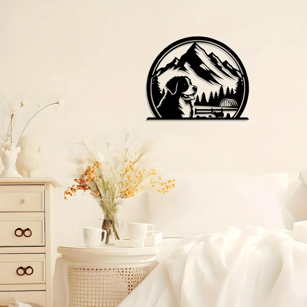 1pc Metal Bernese Mountain Dog Wall Art, Illuminated Dog Statue Mural with Wildflower Nameplate Gift for Pet Lovers Home Decor