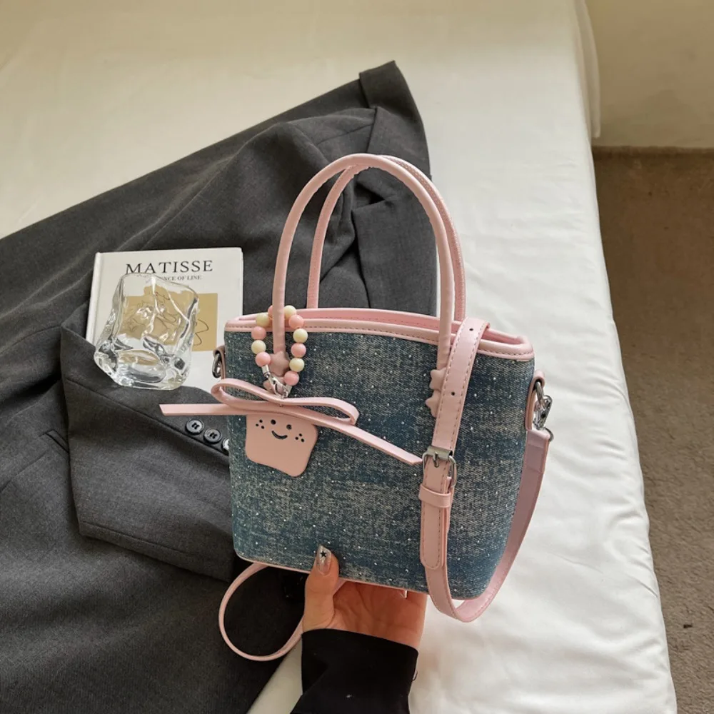 

Casual Minimalist Denim Bucket Bag Rhinestone Elegant Korean Crossbody Bag Color-Block with Pendant Women 's Handbag Portable