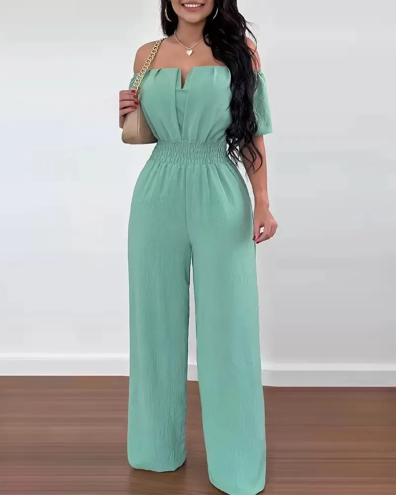 2025 Summer Elegant Off Shoulder Women Jumpsuit Fashion Trend Casual Short Sleeve Wide Leg Pants Jumpsuits For Women Overalls