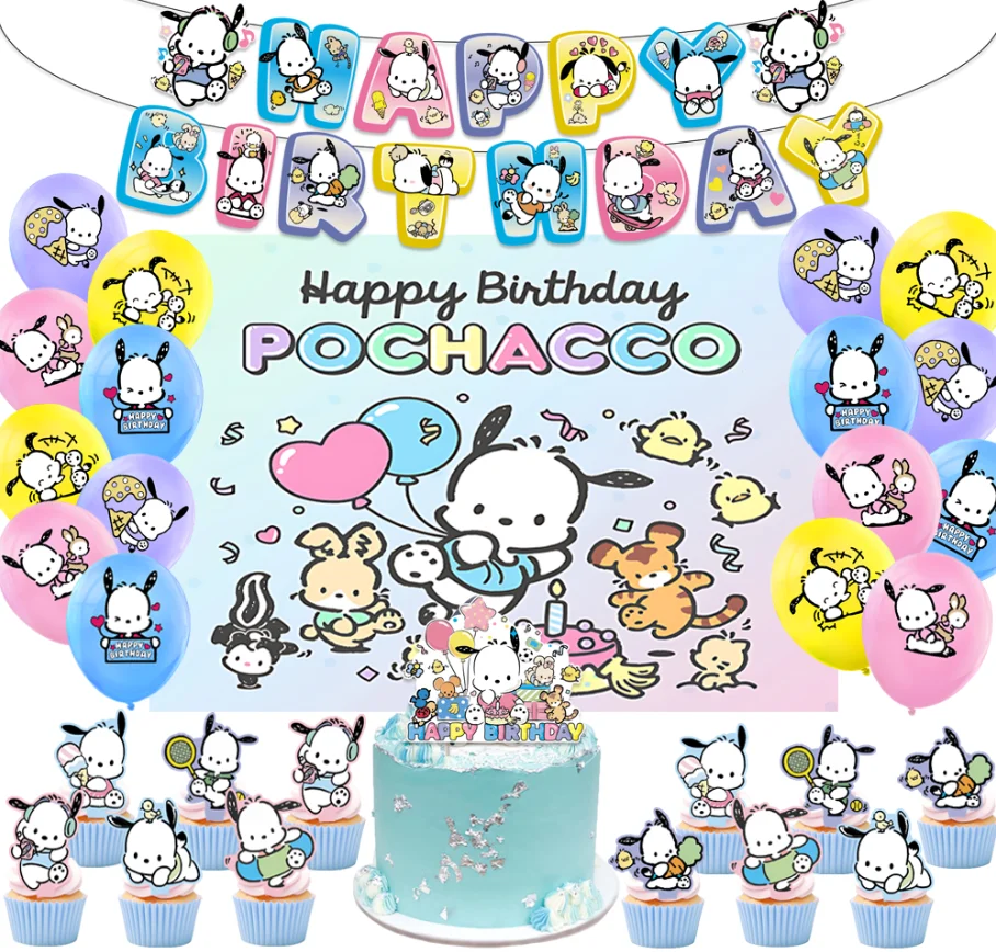 

Cartoon Sanrio Pochacco Theme Birthday Party Decoration Supplies Backdrop Banner Cake Topper Number Pink Blue Balloon Kid Gifts