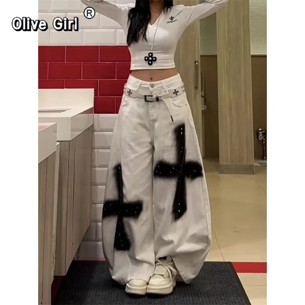 Y2K جينز نسائي عالي الخصر سوبر واسع الساق السراويل الفضفاضة أبيض أسود الصليب الكتابة على الجدران رصع القوطية الشارع الشهير سراويل جينز #4