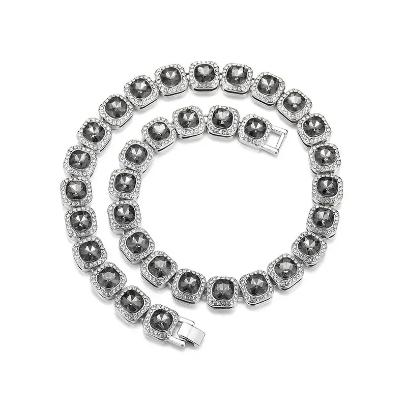 12mm Iced Out Bling Rot Schwarz Quadrat Cz Stein Strass 2tone Farbe Baguette Tennis Kette Sicherheitsverschluss Halsband Halskette Hiphop