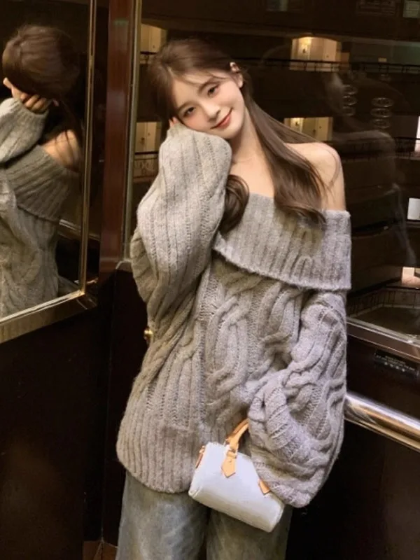 

Retro Lazy Sle Faionable Off-oulder Loose Knit Sweater Cute Unique Top for Small Figures Winter 2026 Spring Autumn