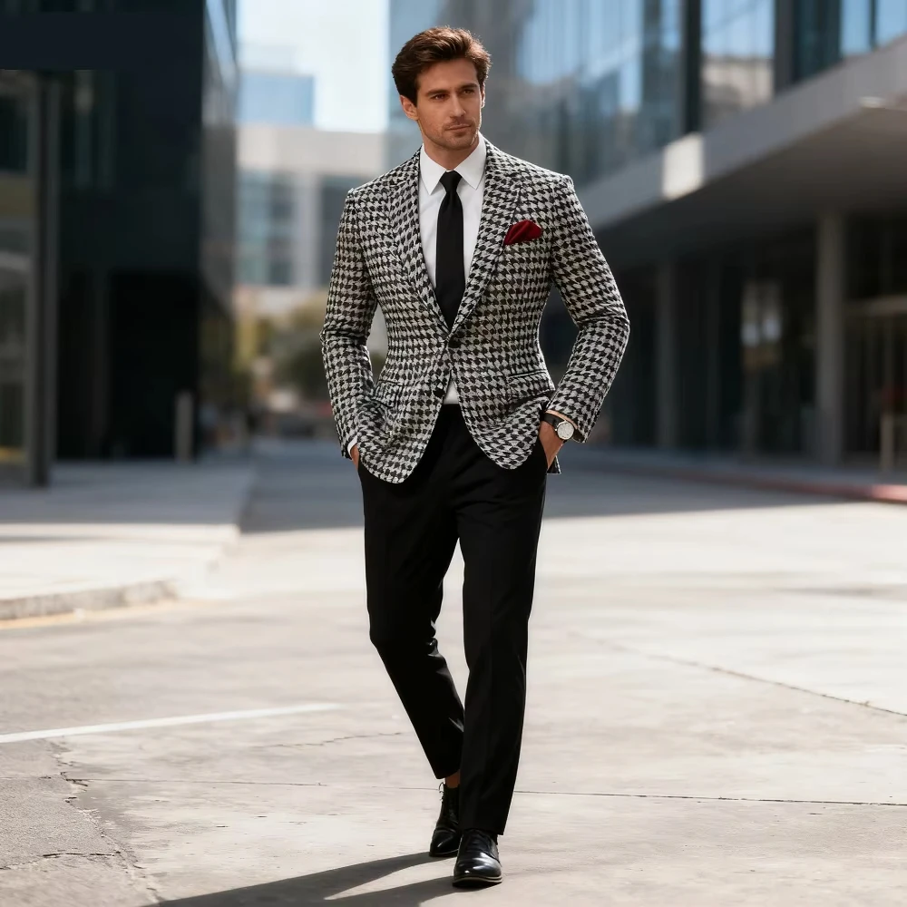 

Casual Men's Houndstooth Suit Jacket Formal Notch Lapel Blazer Two Buttons for Party Prom Business Tuxedo Groom One Piece Coat