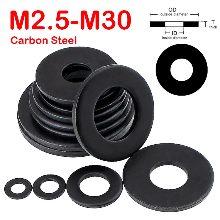 2/100pcs Black Flat Washer M2 M2.5 M3 M4 M5 M6 M8 M10 M12 M14 M16 M18 M20 M22 M27 M30 Carbon Steel Plain Washers Gaskets