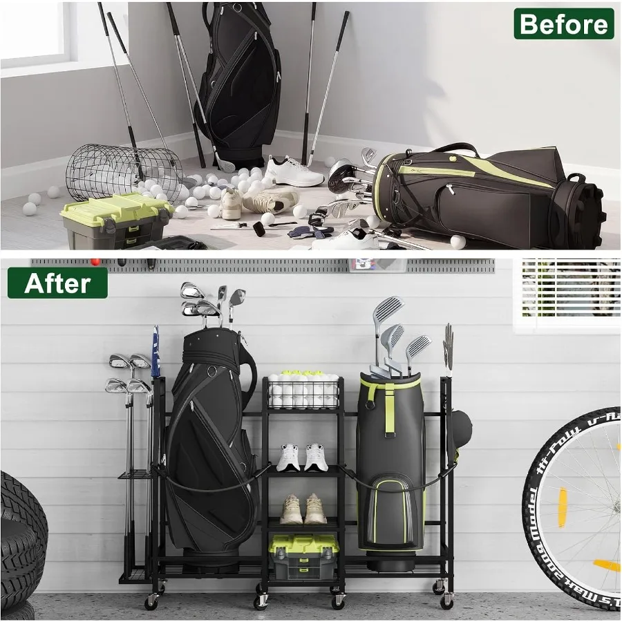 Golf Bag Storage Rack for Garage, 2-Bag Organizer with Wheels