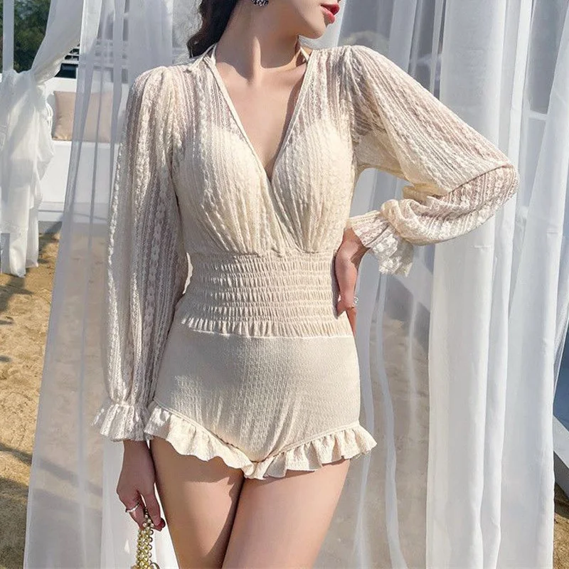 2023 Summer Fashionable Bohemian V-neck Padded High Waist Slim Fit Ruffled Lace Long Sleeve Sunscreen Solid One Piece Bikini Set