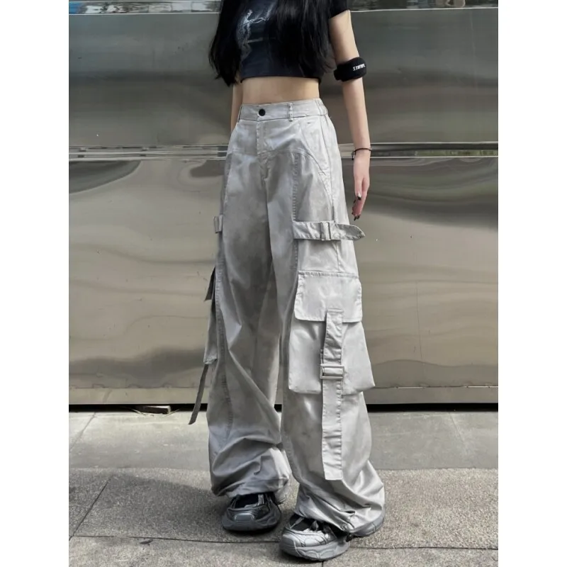 Unisex Dirty Gray Cargo Pants Wide Leg Straight Cut Ribbon Trousers Designed for Hip Hop Jazz Dance and Casual Streetwear Looks