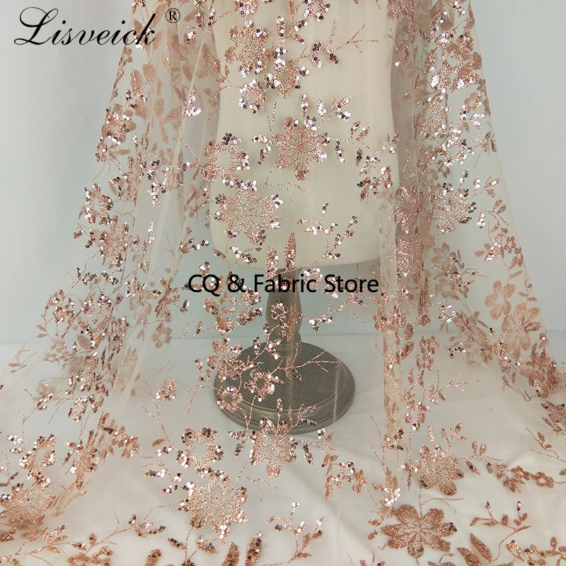 New Golden Bronzing Flower Tulle Mesh Lace Sequin Embroidery Fabric For Wedding Evening Dress Clothing Accessories