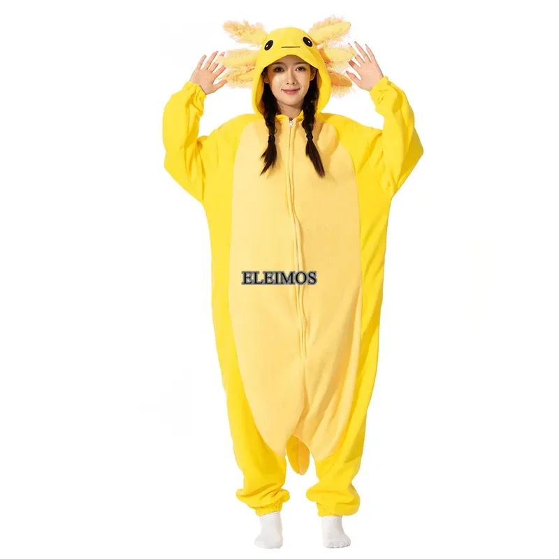 ELEIMOS-Pijama de Halloween de Axolotl amarillo para mujeres y hombres, pijamas de Kigurumis de animales para adultos, pijama de dibujos animados, ropa para el hogar, disfraz de Cosplay