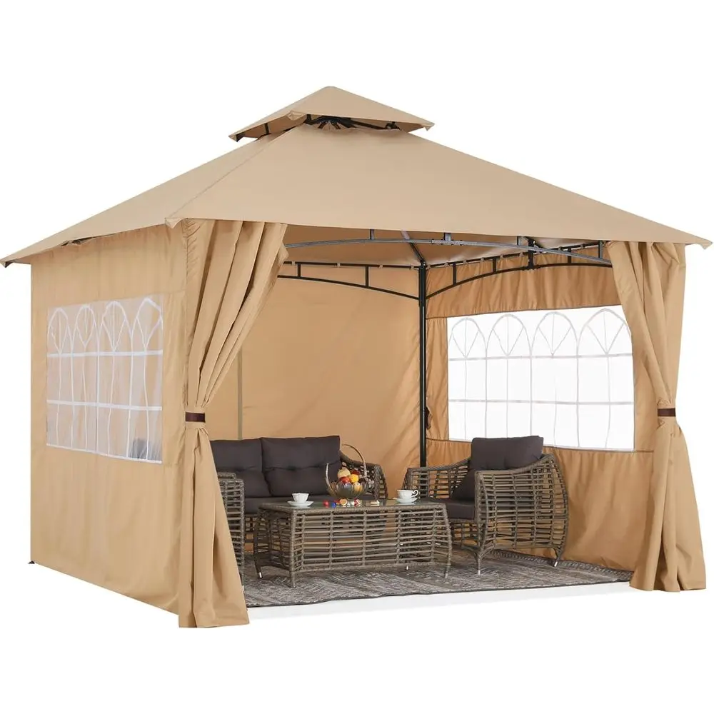 

Бежевая стальная уличная беседка 11x11 с оконными шторами