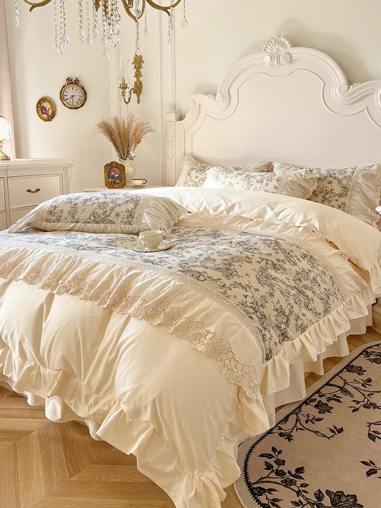Romantic French Country Style Bedding Set - 100% Cotton Floral Print, Lace Embroidered Duvet Cover with Detachable Skirt