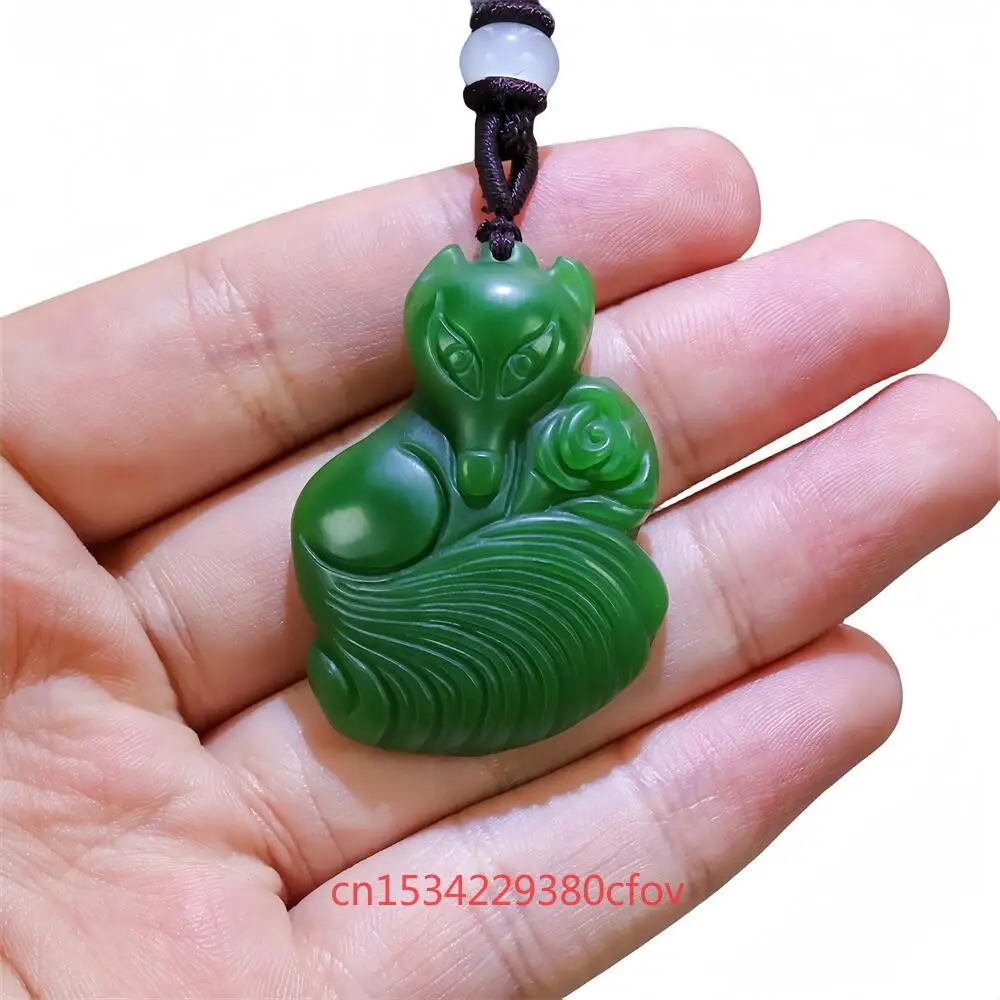 Natural Green Hetian Jade Fox Pendant Jasper Necklace Pendants Charm Accessories Talismans Jewelry Gemstones Vintage Amulet Gift