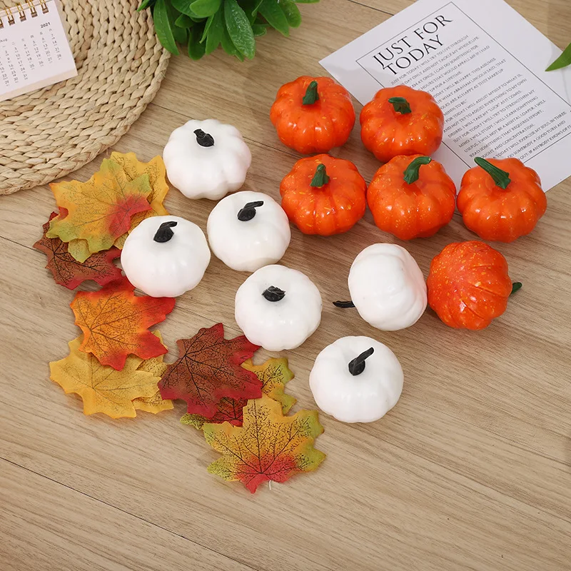 

12pcs Mini Artificial Pumpkin with 50pcs Maple Leaf Set Halloween Decorations Simulation Decorative Pumpkins Crafts Thanksgiving