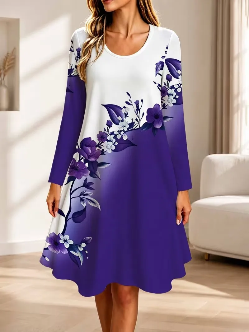 Autumn new long sleeved round neck casual dress, 3D gradient floral retro elegant A-line dress