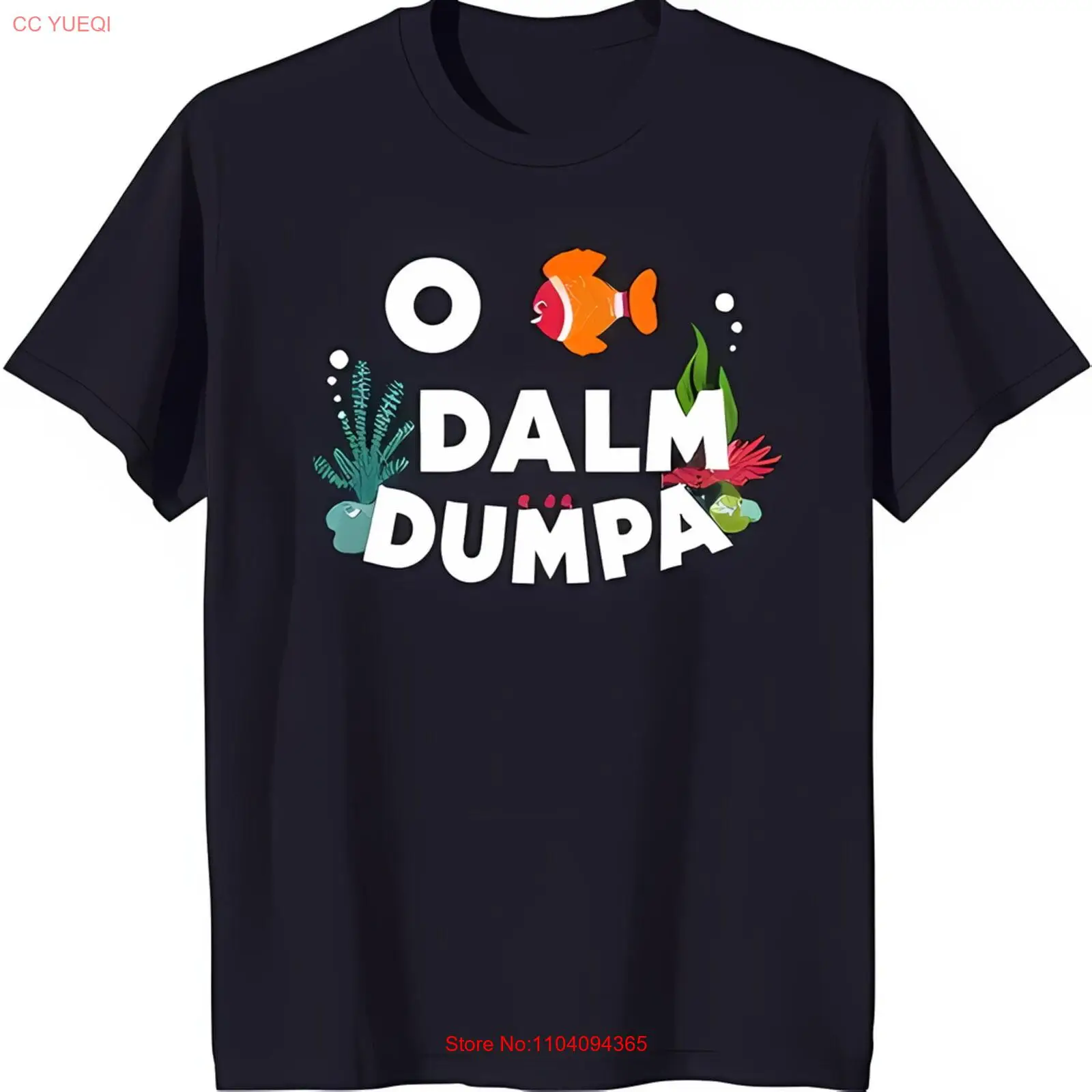 

Stylish Black T-Shirt with Cartoon Fish & Coral Design 'O dalm dumpa' Print