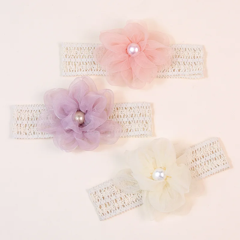 Newborn Wide Lace Headband Pearl Chiffon Flower Headbands Baby Girls Hairflower Hair Accessories Infant Mesh Floral Headwrap