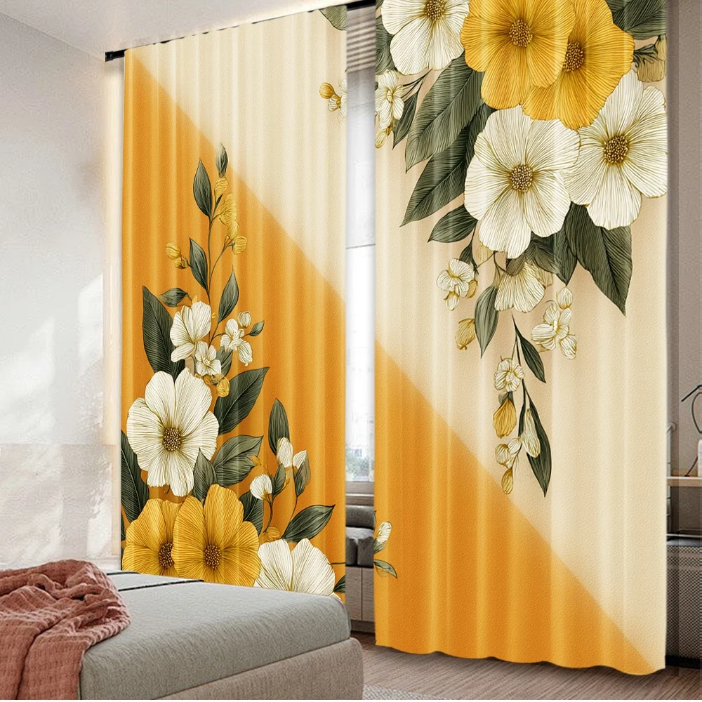 2D flat printing 2pcs Curtains Golden Floral Elegance Digital Printed Polyester Drapes Birthday Party for Indoor Celebrations