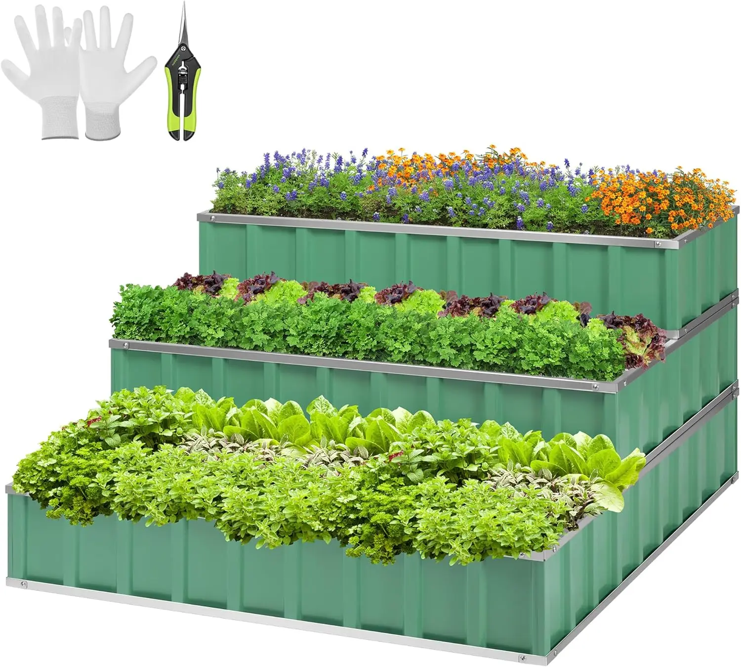 

Трехуровневая металлическая грядка для сада, 46x46x24 дюйма, из оцинкованной стали, с перчатками и ножницами для садоводства на открытом воздухе