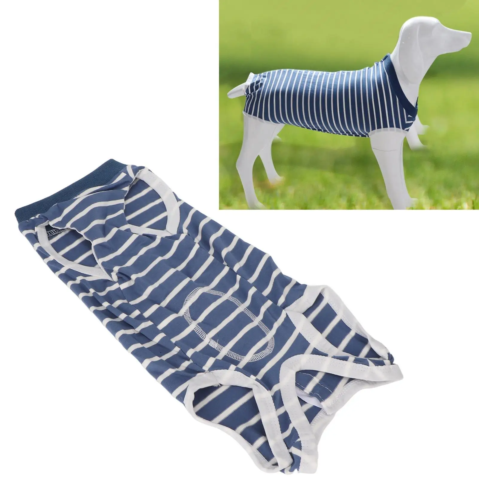 Adjustable Dog Recovery Suit - Breathable  Surgery Shirt with Collar for abdominal Wound - Stripe Design