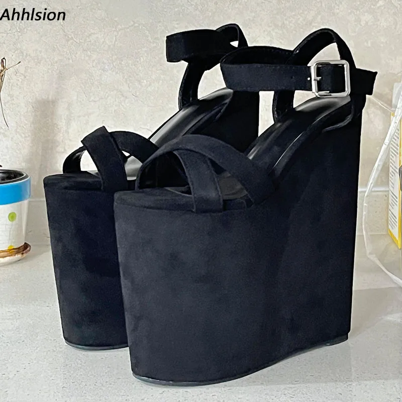 

Ahhlsion Handmade Women Summer Sandals Flock Wedges High Heeled Round Toe Elegant Black Casual Shoes Ladies US Plus Size 4-15