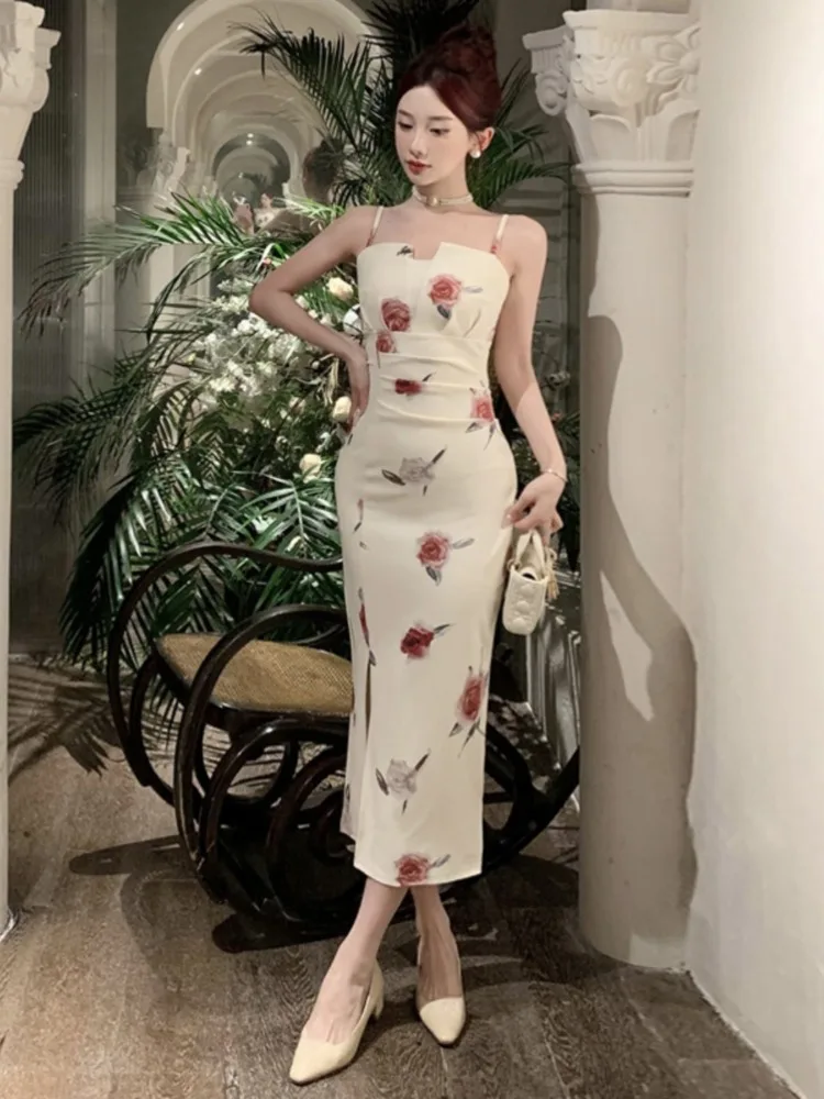 Topanoma Elegant Evening Dresses Women Flowers Printed Sleeveless Slash Neck Slim Backless Wedding Party Dress Cocktail Banquet