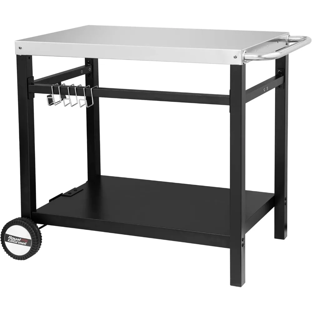 

Gourmet Dining Cart Table with Double-Shelf, Movable Stainless Steel Flattop Grill Cart, Hooks, Side Handle, Multifunction