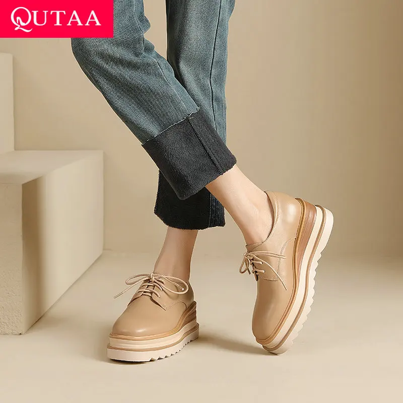 QUTAA 2023 Women Pumps Spring Summer Quality Genuine Leather Wedge High Heels Lace-Up Shoes Woman Office Ladies Size 34-39