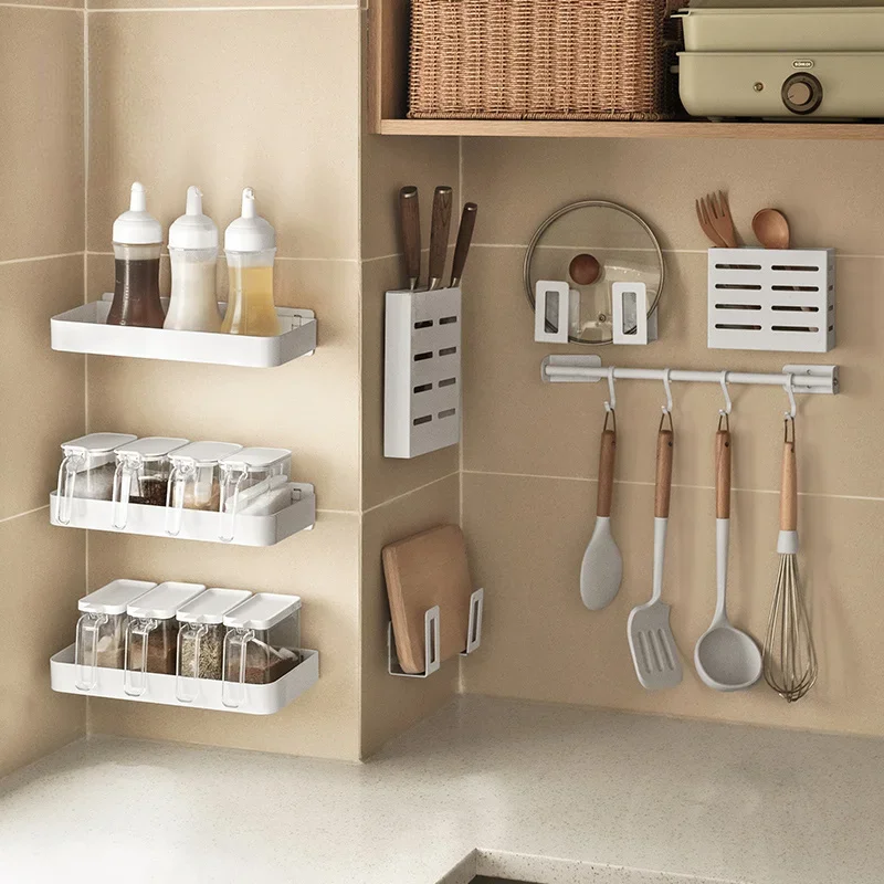 

Metal Kitchen Wall Hanging Storage: No Punching Needed Shelves for Seasoning & Tools Drainage Organizer Boxes.