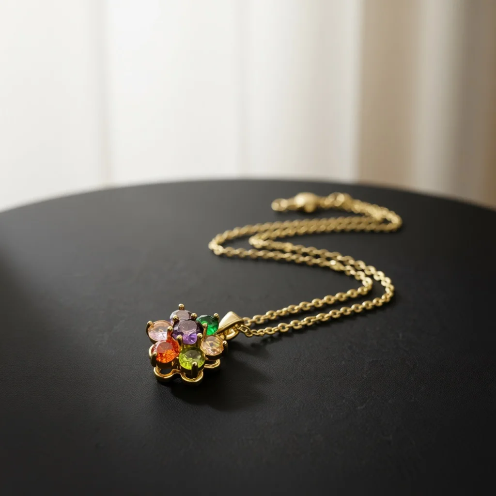 Flower Pendant Necklace Multi‑Faceted Mixed Gemstone Cluster Inlaid Floral Design Dainty Cable Chain Fashion Jewelry Accessory