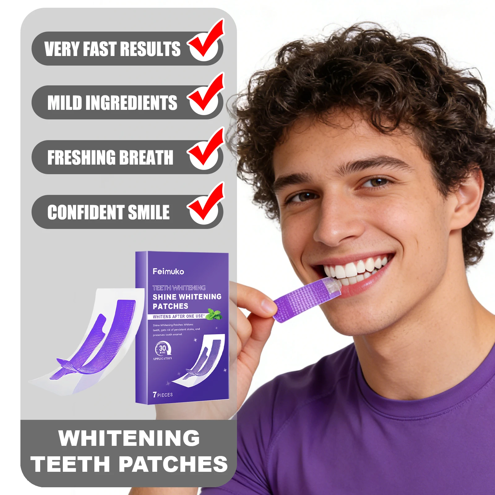 

Пластыри для отбеливания зубов Feimuko, быстрые результаты, нежное, не раздражающее, освежающее дыхание, помогает здоровье зубов