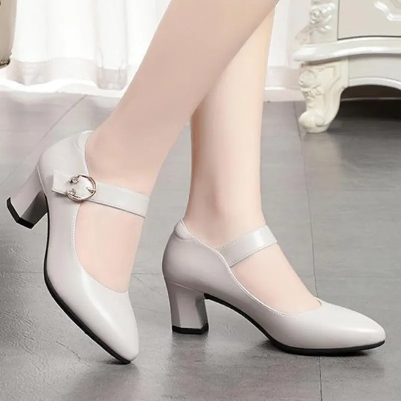 Pointed Square Heel Solid Color Comfortable Women\'s Sandals Rubber Large Size Buckle Crystal High Heels Banquet Summer Fashion