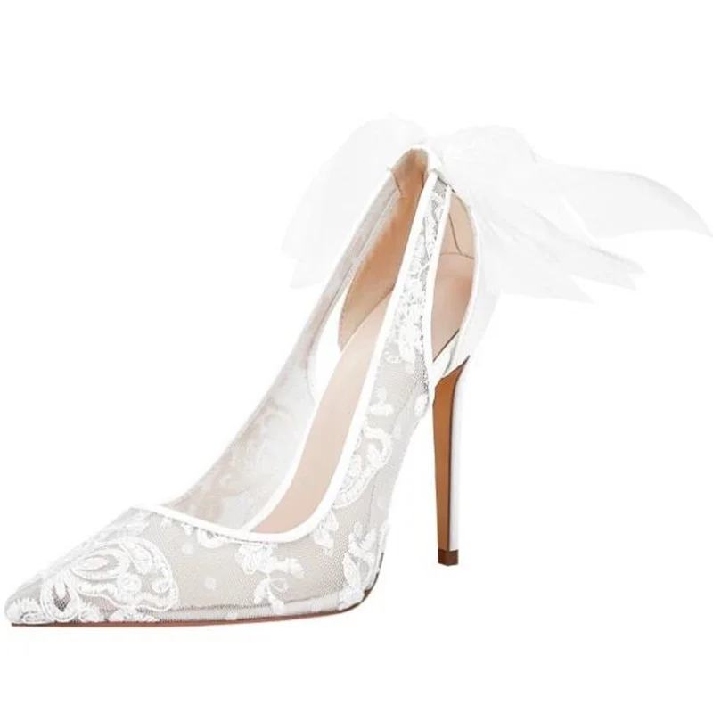 White Lace Back Butterfly Knot Women Pumps Pointed Toe Slip On Hollow See Through Bride Wedding Party Evening Shoes