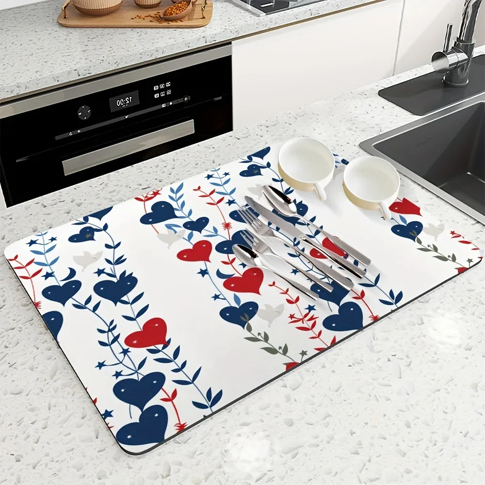 Patriotic Red Blue Heart Vine Mat Star Foliage Art Print Tableware Drying Mat Romantic Festive Kitchen Counter Decor Mat